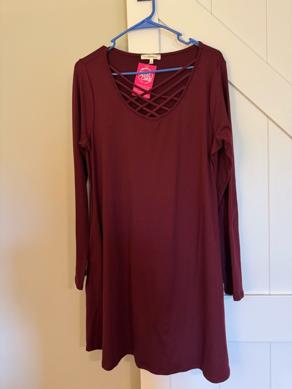 ANDREE BY UNIT Crisscross Neck Long Sleeve Swing Dress - Maroon
